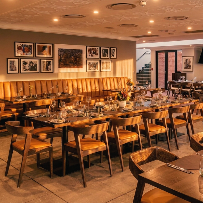 Insights restaurant with images of Mandela on the back wall.