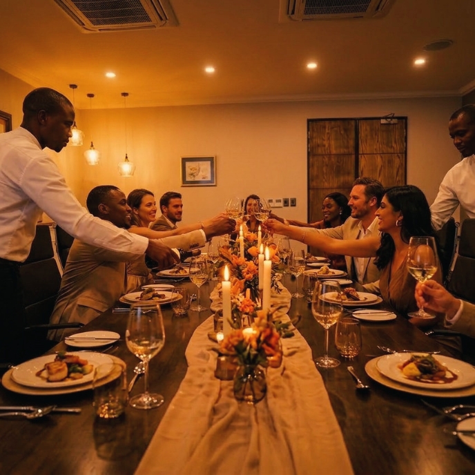 Guests sitting around a table enjoying the Dine Like Madiba meal experience