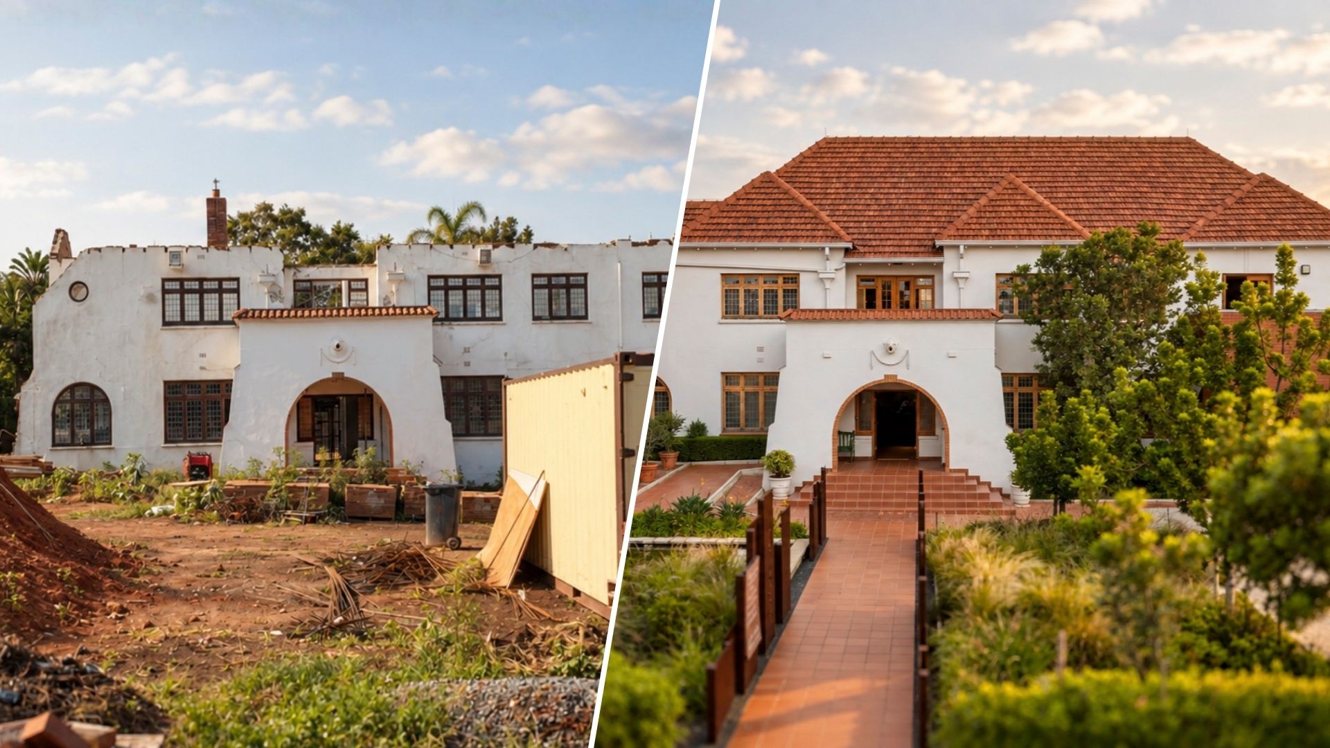 Before-and-after view of Nelson Mandela’s former Houghton home during restoration and as Sanctuary Mandela today.